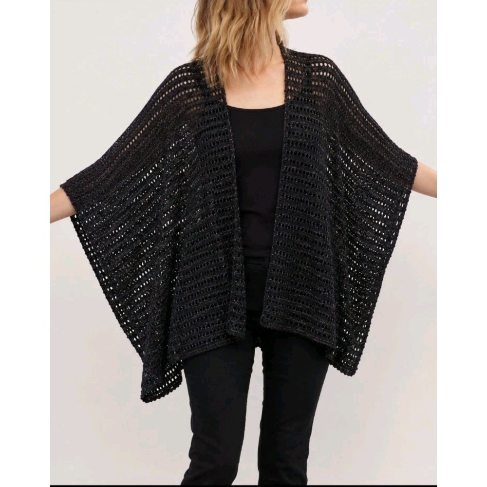 Cejon Black Metallic Open Knit Poncho OSFM Crochet Cape Sweater Boho Artsy